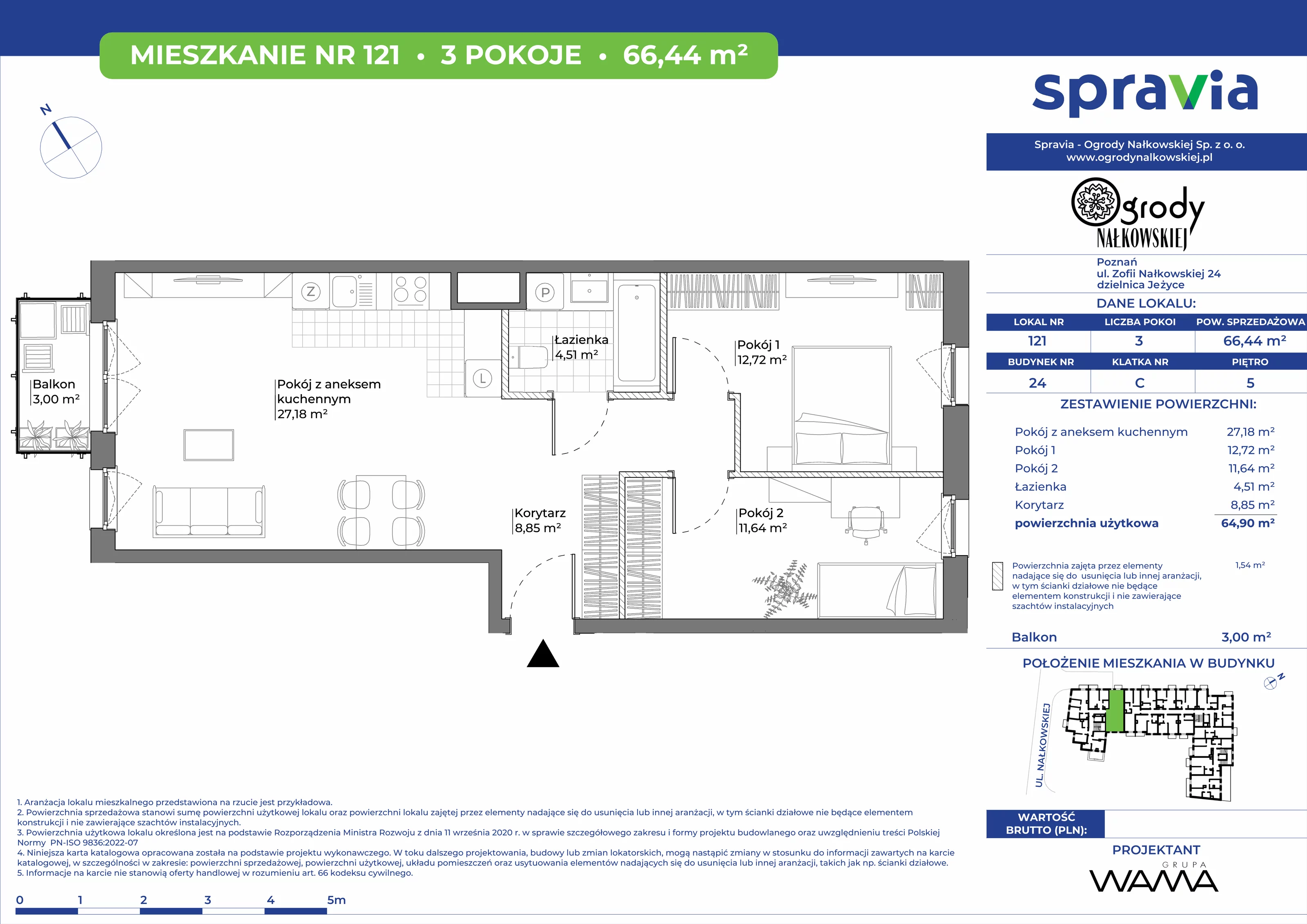 3 pokoje, mieszkanie 66,44 m², piętro 5, oferta nr 24-121, Ogrody Nałkowskiej, Poznań, Ogrody, ul. Nałkowskiej 24, 26